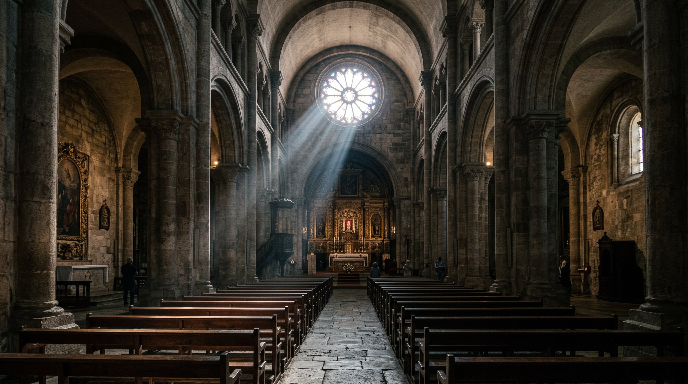 Intérieur de la Sé de Lisboa, cathédrale romane du XIIe siècle, nef de pierre sombre traversée par un faisceau de lumière tombant de la rosace, bancs de bois, atmosphère fraîche et silencieuse