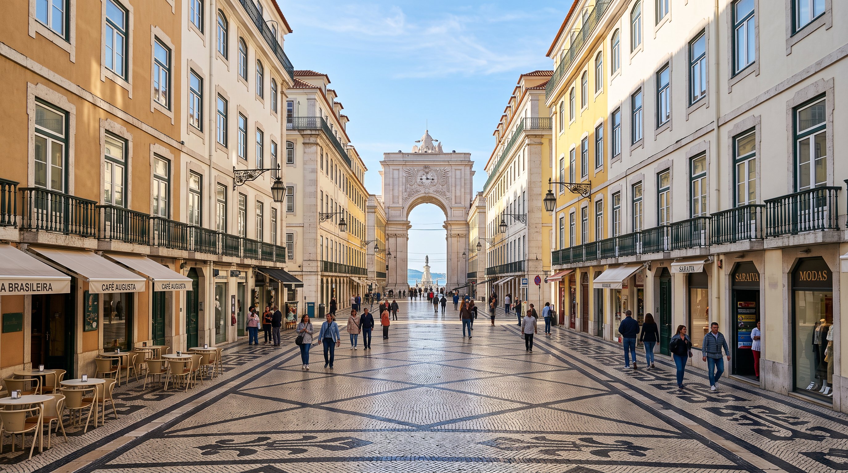 Une rue rectiligne de la Baixa Pombalina de Lisbonne vue depuis le sol, façades identiques alignées de part et d'autre, calçada portugaise géométrique noire et blanche, perspective filant jusqu'au bout de la rue, lumière du matin
