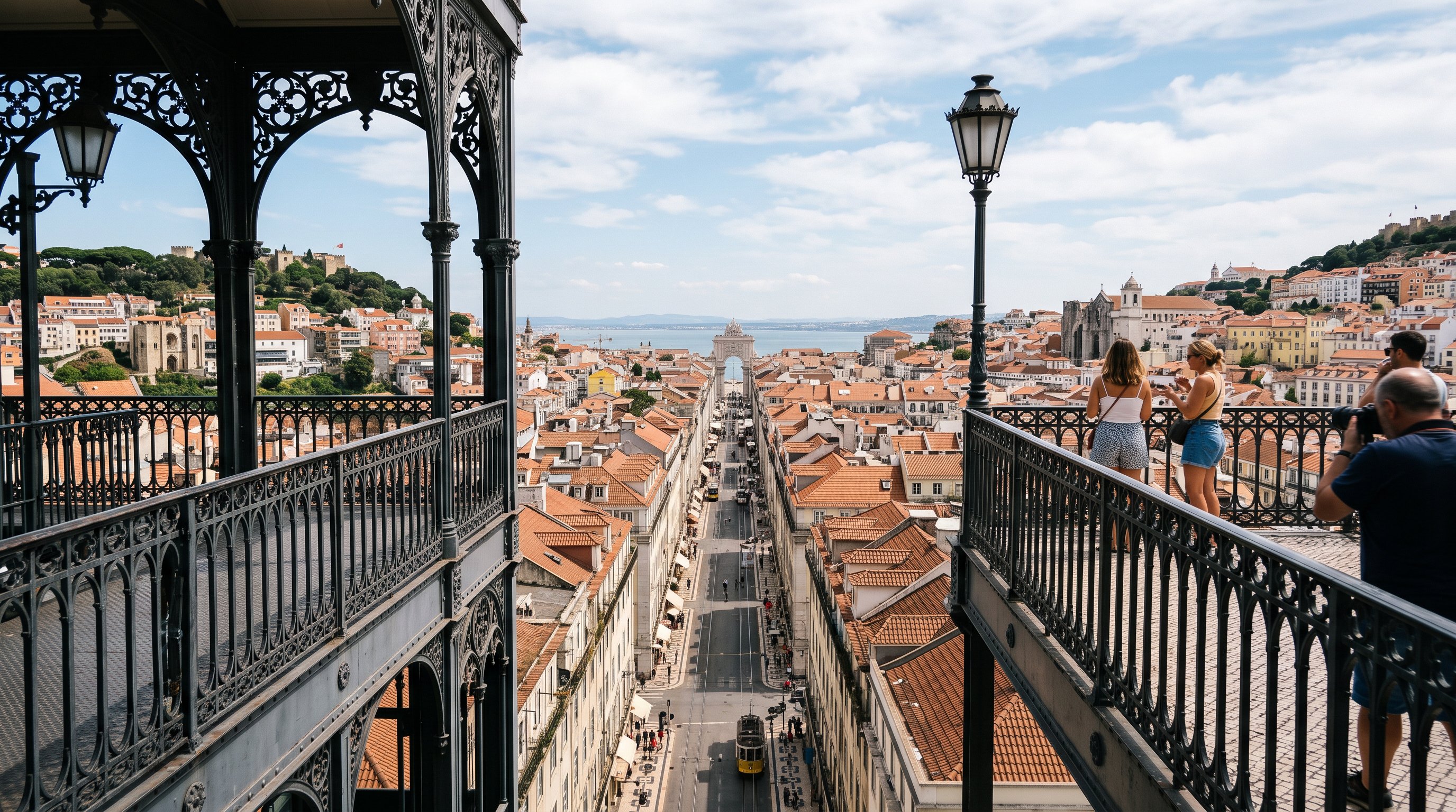 Vue depuis la plateforme supérieure de l'Elevador de Santa Justa à Lisbonne, la structure de fer forgé néogothique au premier plan et la grille rectiligne de la Baixa Pombalina en contrebas, collines de l'Alfama et du Bairro Alto de part et d'autre