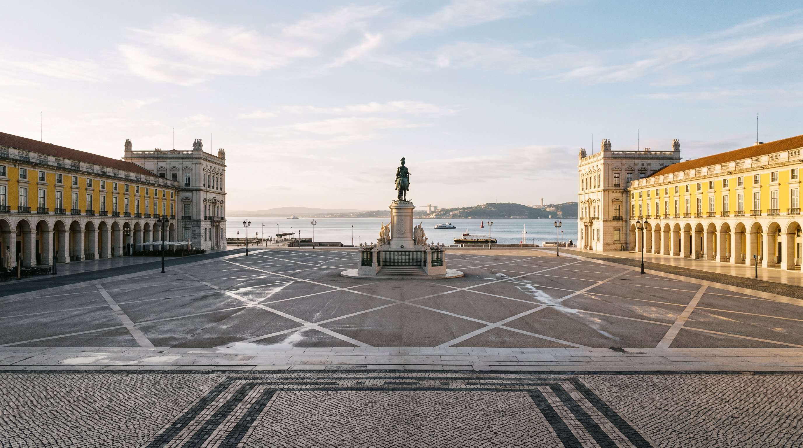 La Praça do Comércio de Lisbonne au petit matin, vaste place rectangulaire pavée de calçada portugaise, arcades jaunes sur trois côtés, statue équestre de Dom José Ier au centre, le Tage ouvert au fond, lumière rasante, aucune personne au premier plan