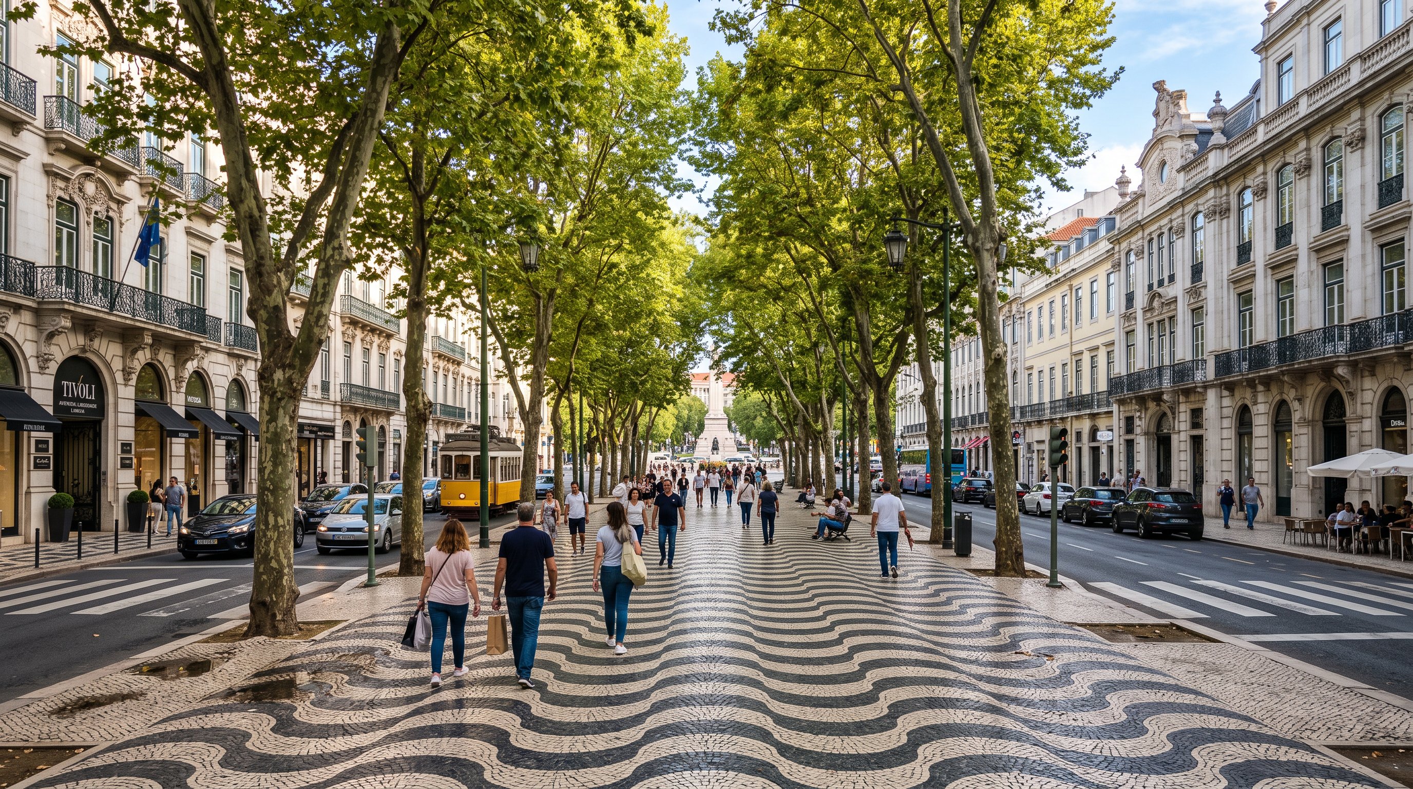 L'Avenida da Liberdade à Lisbonne vue depuis l'allée centrale, larges trottoirs de calçada portugaise à motifs noirs et blancs, alignements de platanes, façades du XIXe siècle de part et d'autre, lumière filtrée par les feuillages