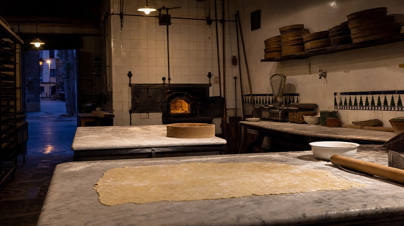 Intérieur d'un vieil obrador de boulangerie à Palma de Majorque avant l'aube, plans de travail en marbre farinés, pâte étalée à la main sous une lumière chaude et basse, atmosphère artisanale, aucun texte, aucun visage au premier plan