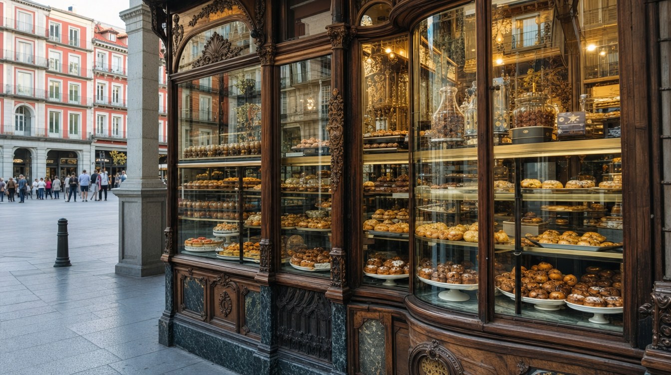 Vieille devanture de pâtisserie espagnole historique du XIXe siècle sur une place animée de Madrid, vitrine ancienne en bois et verre remplie de viennoiseries dorées, ambiance patrimoniale, aucun texte lisible
