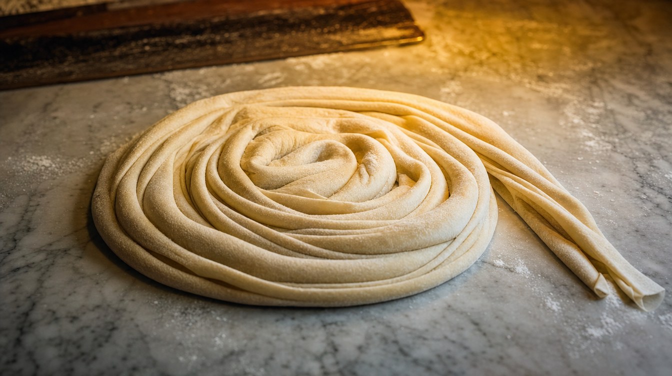 Longue bande de pâte très fine enroulée en spirale sur un plan de travail fariné, geste artisanal de fabrication de l'ensaimada, lumière rasante de fin de nuit, aucune personne, aucun texte
