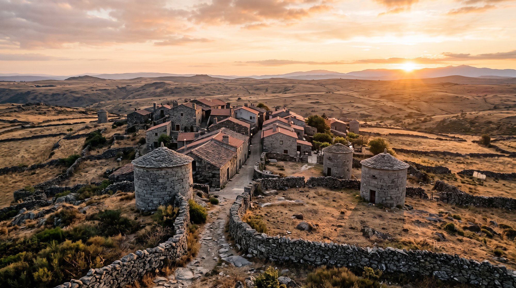 Village de granit gris du Planalto Mirandês au lever du soleil, pigeonniers ronds traditionnels et murets de pierre sèche, plateau aride du nord-est du Portugal