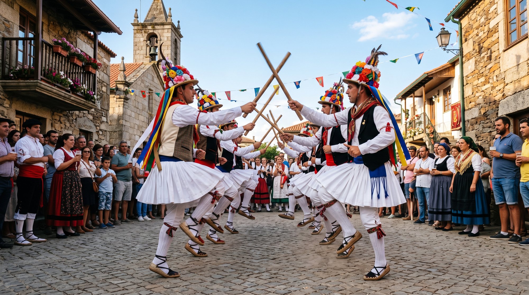 Pauliteiros de Miranda, danseurs traditionnels en costume blanc brodé, jupons et chapeaux fleuris, entrechoquant des bâtons de bois lors d'une fête de village, Trás-os-Montes