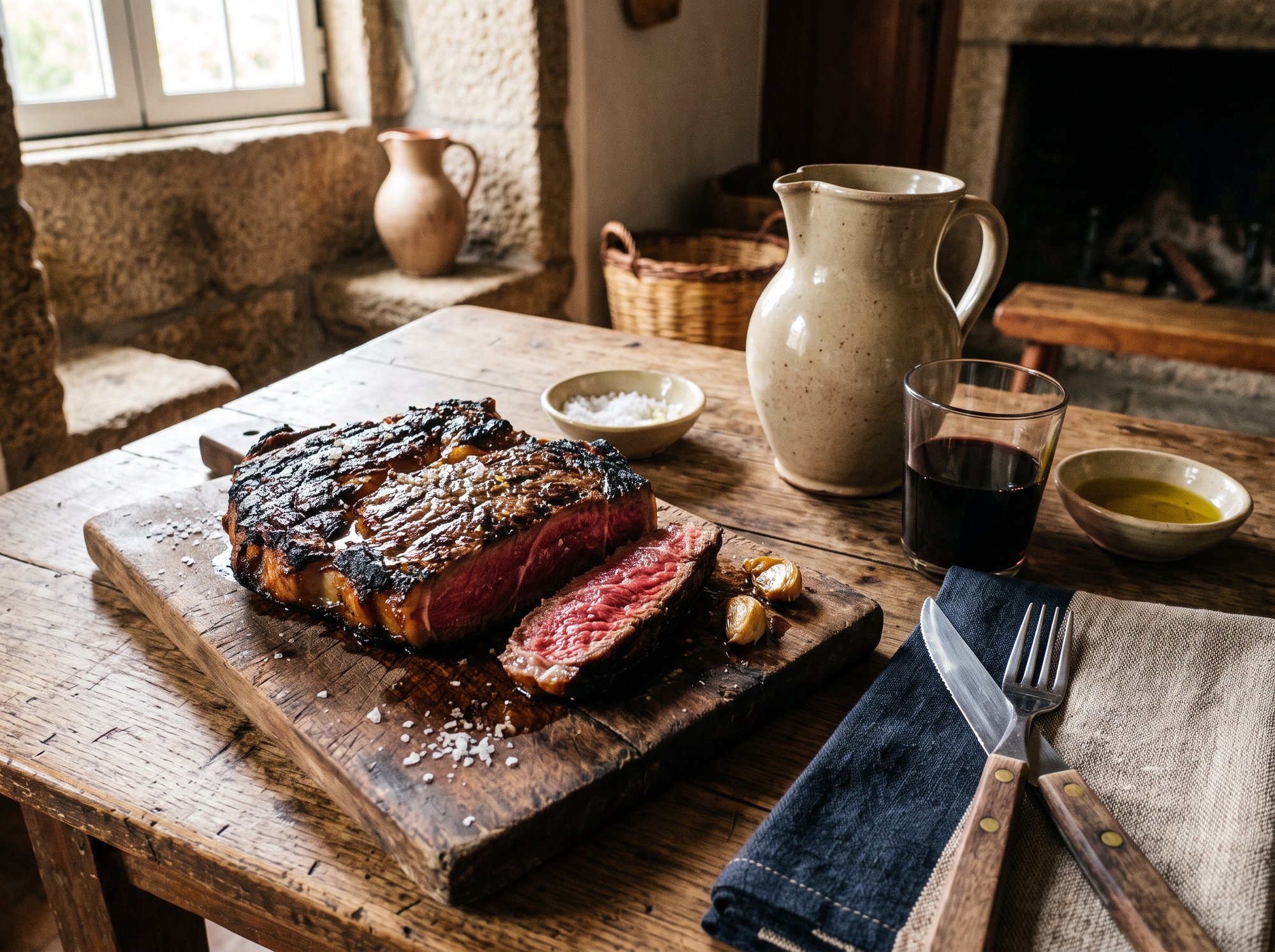 Posta mirandesa, épaisse tranche de bœuf de race mirandesa grillée sur la braise, servie avec un vin rouge de Trás-os-Montes