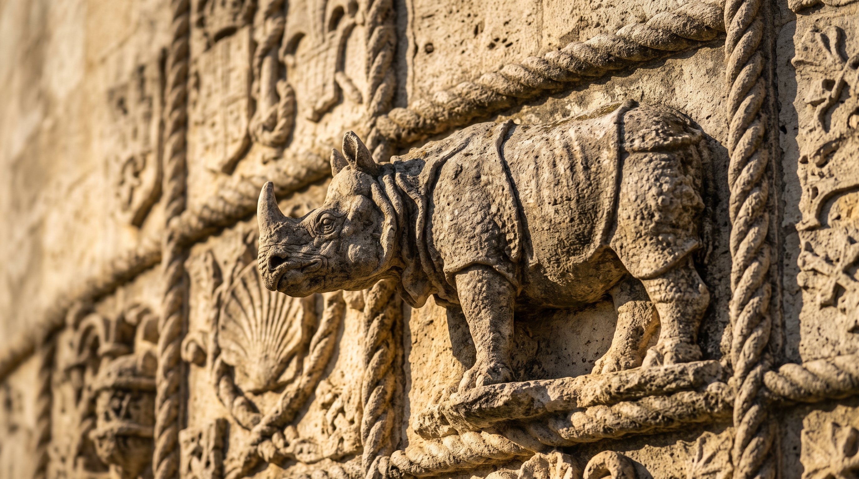 Sculpture en pierre d'un rhinocéros sur la façade de la Torre de Belém, détail architectural manuélin, gros plan sur la texture granuleuse de la pierre sculptée, lumière rasante