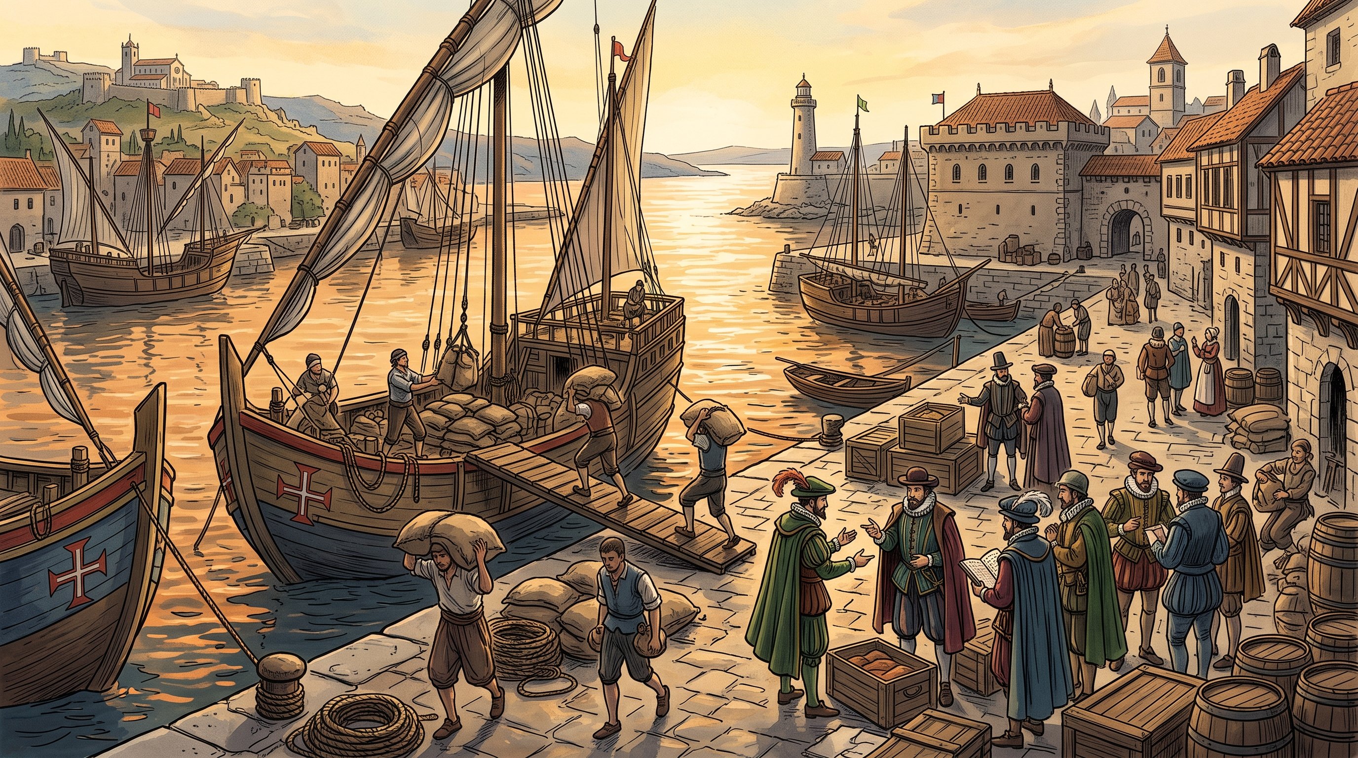 Reconstitution d'un port du XVIe siècle avec caravelles portugaises amarrées, sacs d'épices déchargés sur le quai, marchands en costume d'époque, lumière dorée de fin d'après-midi