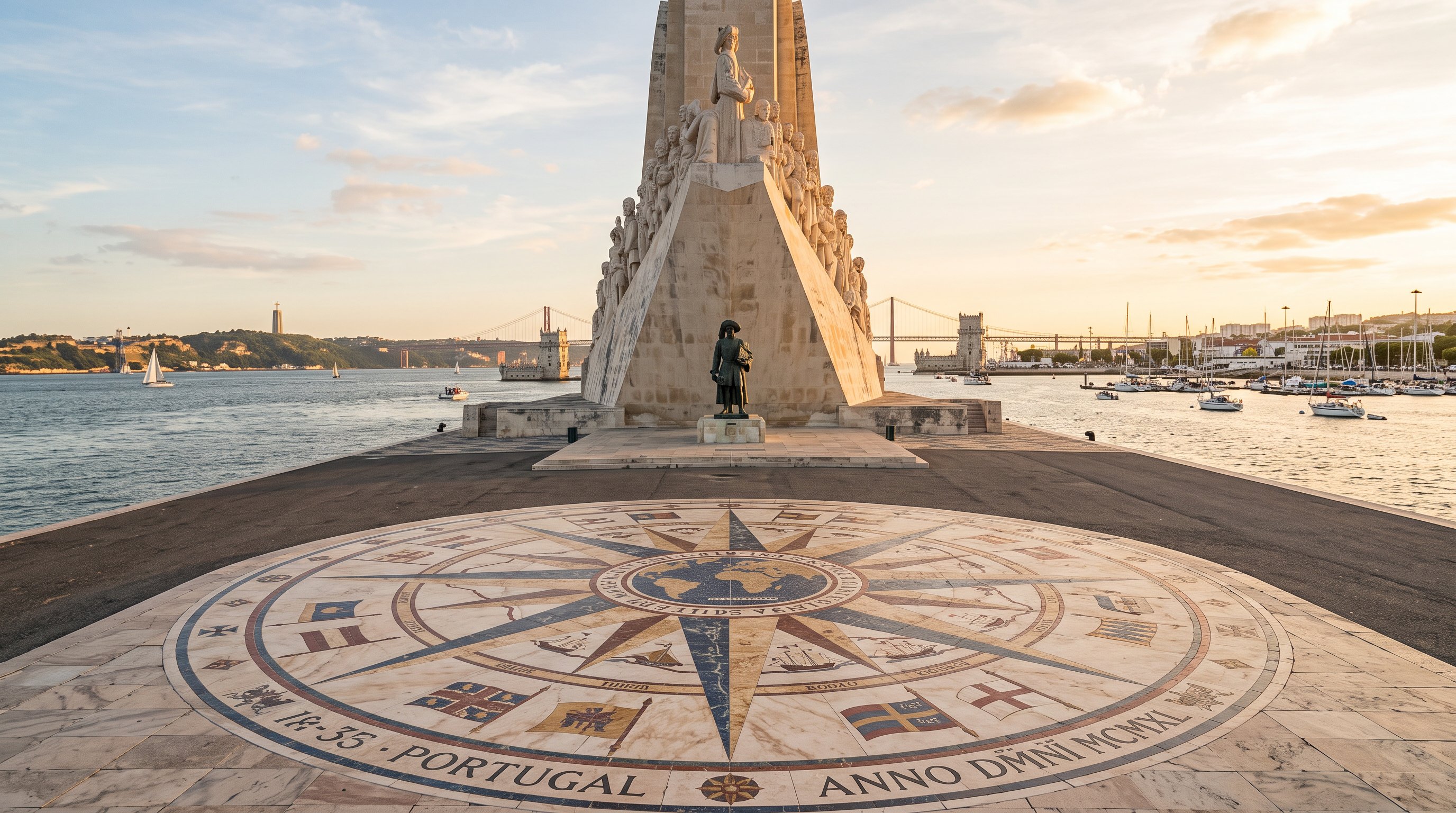 Le Padrão dos Descobrimentos vu de face, monument en forme de proue de caravelle stylisée avec la statue d'Henri le Navigateur à l'avant, rose des vents en marbre incrustée dans le pavé au premier plan
