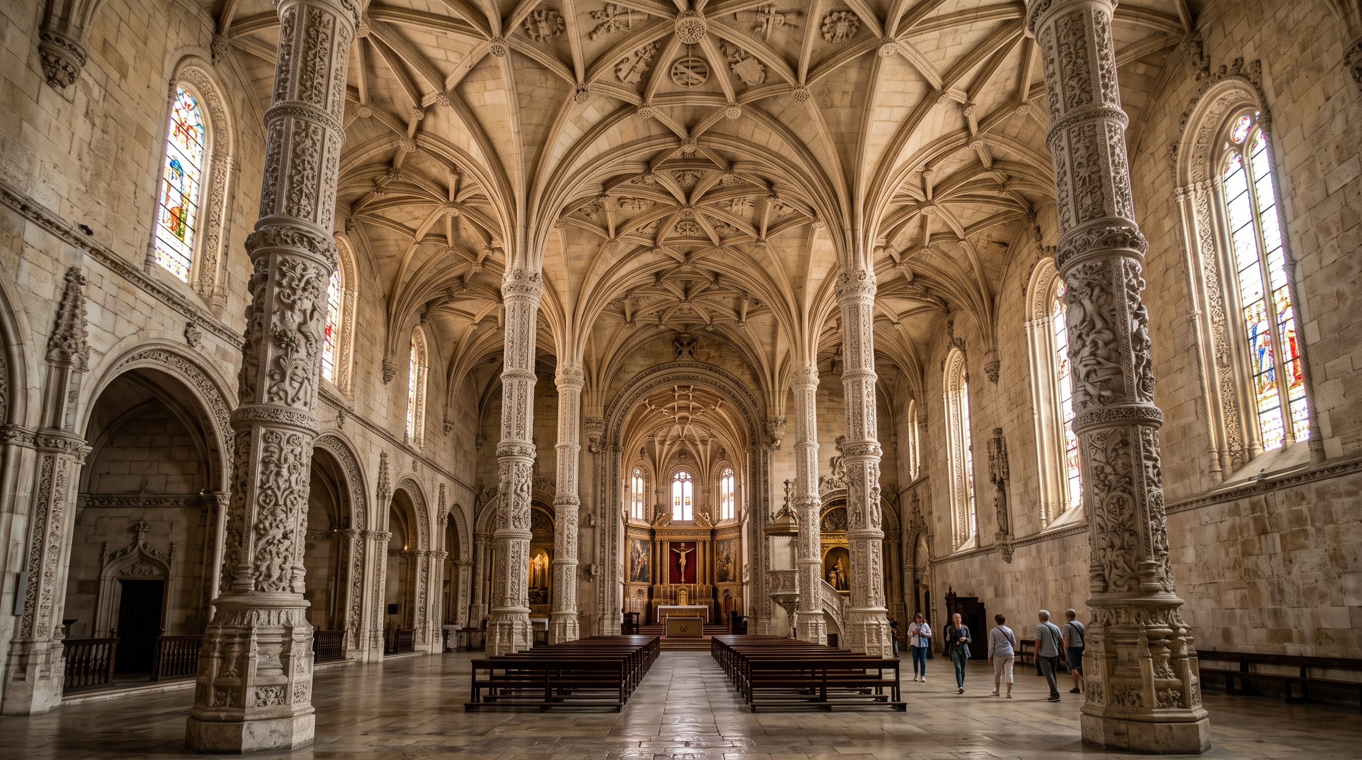 Nef intérieure du Mosteiro dos Jerónimos, voûtes de pierre à nervures complexes de style manuélin, colonnes sculptées, lumière douce filtrant par les hautes fenêtres