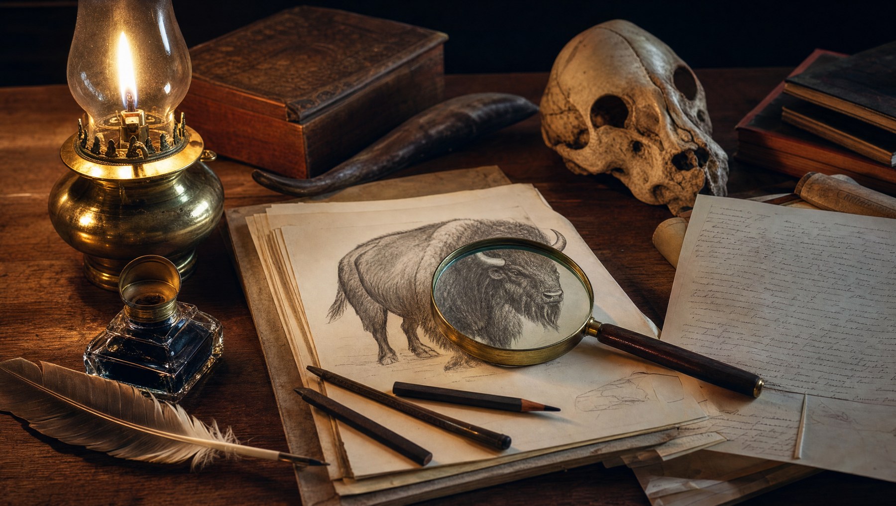 Bureau d'érudit de la fin du XIXe siècle dans une pénombre chaude: encrier de verre, plume, feuillets manuscrits couverts d'écriture, une loupe posée sur un dessin de bison préhistorique, une lampe à pétrole, atmosphère de controverse savante et de solitude, aucune personne