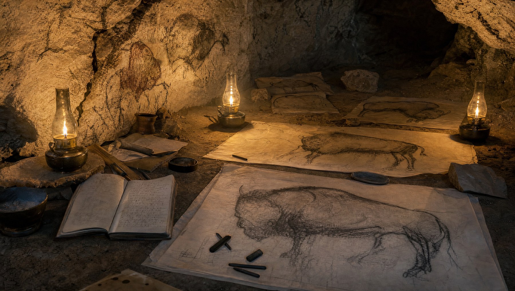 Sol d'une grotte obscure au début du XXe siècle: lampes anciennes en cuivre, grands calques de papier posés au sol reproduisant des peintures rupestres de bisons, carnets et fusains de relevé archéologique, lumière chaude et vacillante sur la roche, aucune figure humaine
