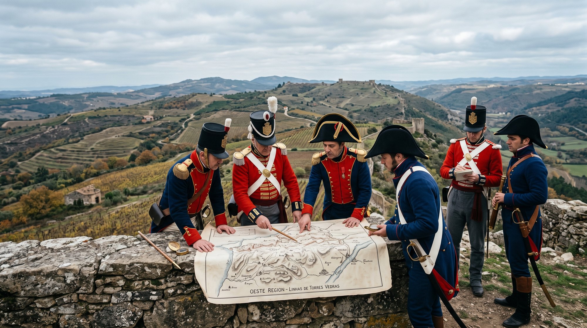 Officiers britanniques et ingénieurs portugais penchés sur une carte d'état-major posée sur un muret de pierre, collines de l'Oeste et vignes en contrebas, lumière froide d'automne 1809, photographie éditoriale réaliste