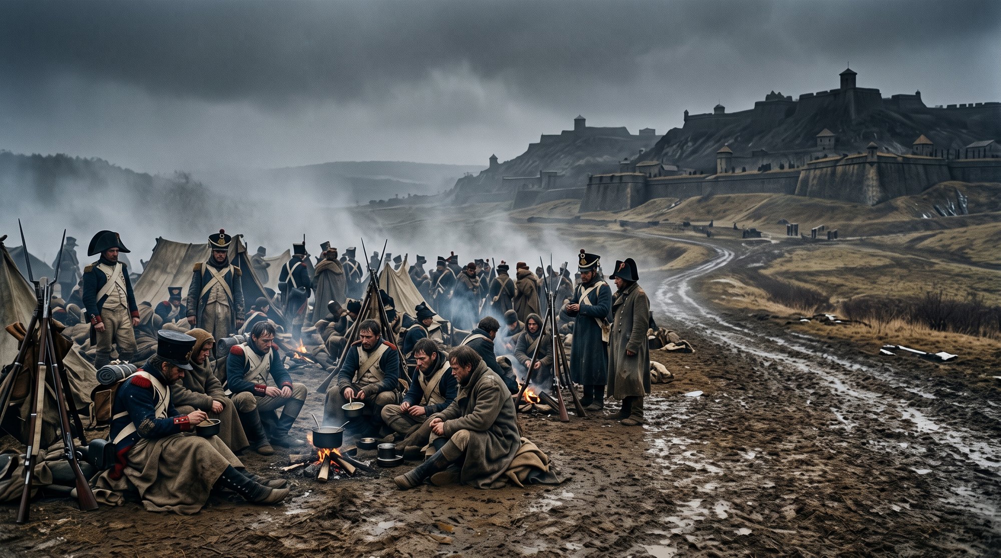 Campement de soldats napoléoniens épuisés et transis face à des collines fortifiées au loin, terre brûlée et détrempée au premier plan, brume froide et lumière blafarde d'hiver, photographie éditoriale réaliste