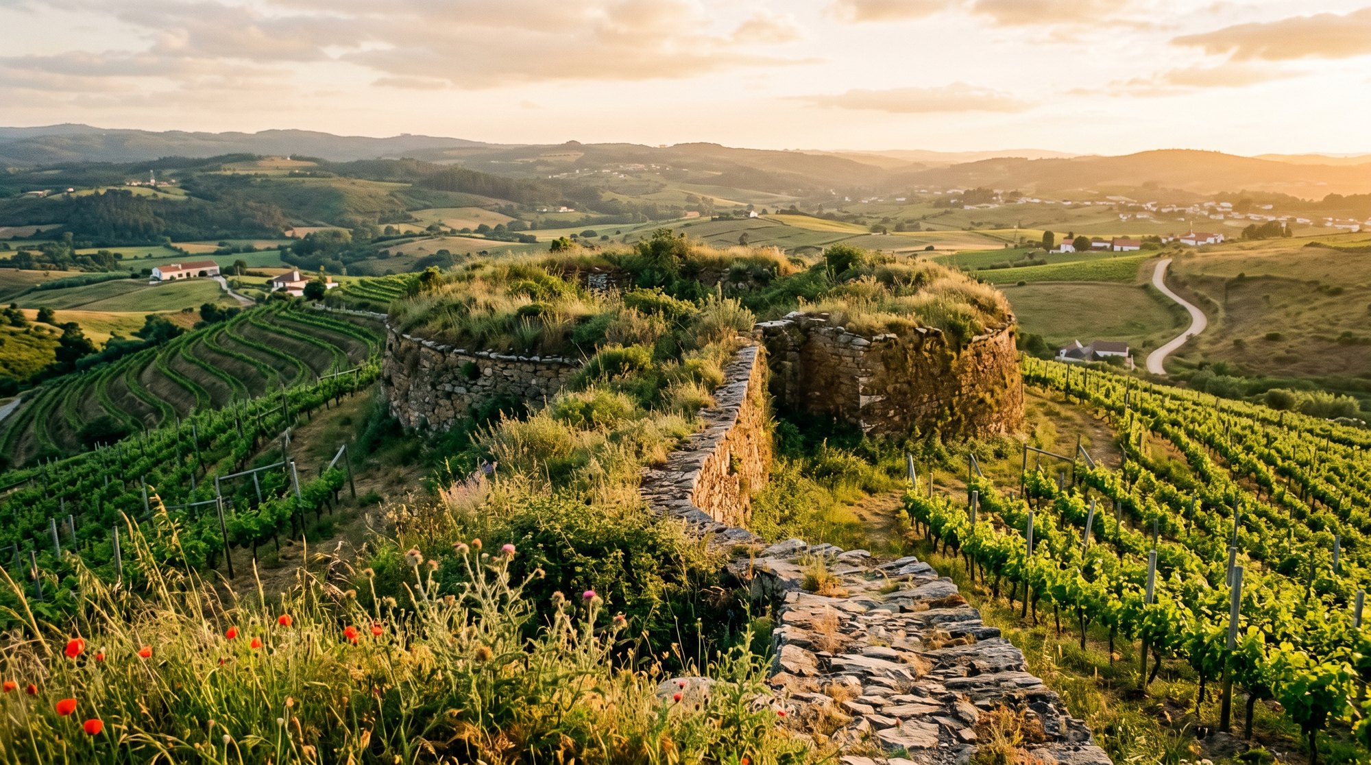 Vestiges herbeux d'une redoute des Lignes de Torres Vedras au milieu de vignes en terrasses, vieilles pierres sèches à demi enfouies, lumière chaude de fin de journée, photographie éditoriale réaliste