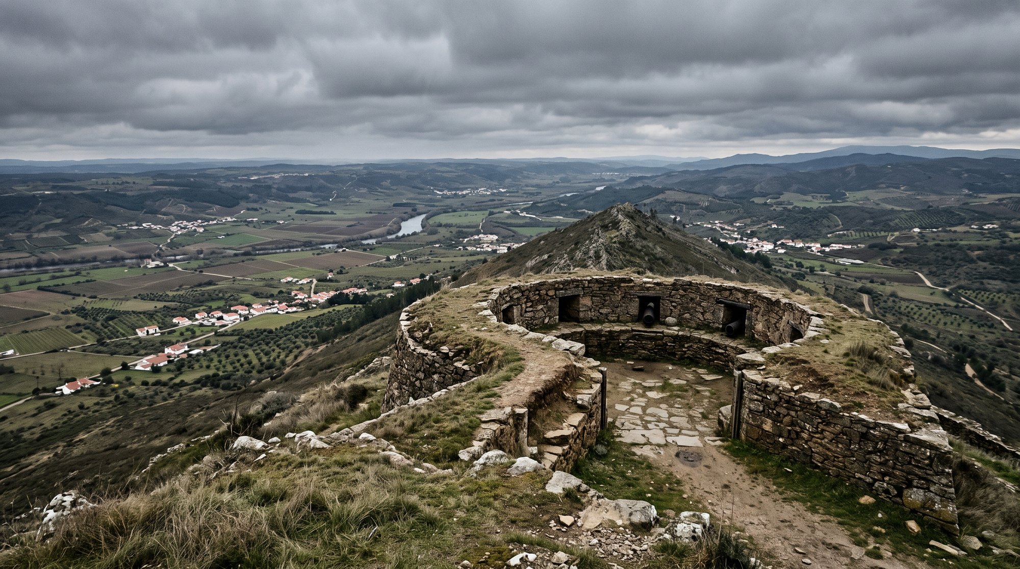 Redoute en terre et pierre sèche au sommet d'une crête dominant une large vallée portugaise, embrasures de canon pointées vers le nord, ciel gris et bas, herbe rase, photographie éditoriale réaliste
