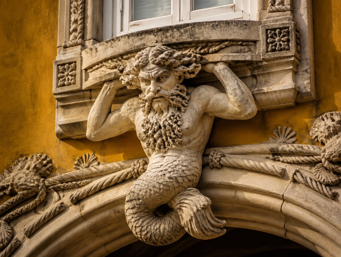 Triton de pierre sculpté portant une fenêtre sur ses épaules, façade ocre du Palácio da Pena, détail manuélin