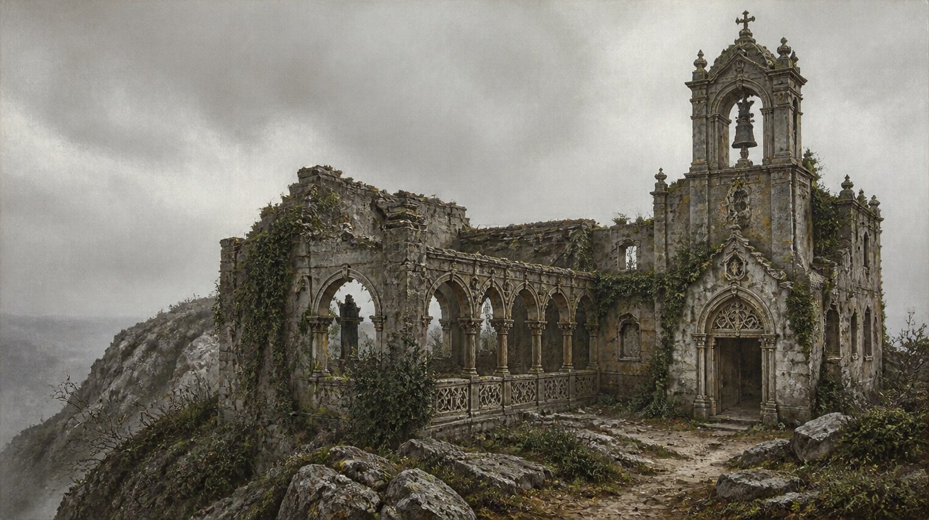 Reconstitution du couvent hiéronymite de Nossa Senhora da Pena en ruine sur la crête de Sintra en 1838