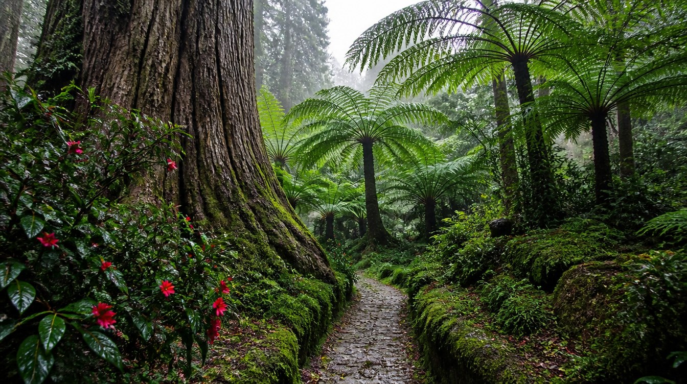 Vallon de fougères arborescentes et conifère géant dans le parc botanique de la Pena à Sintra
