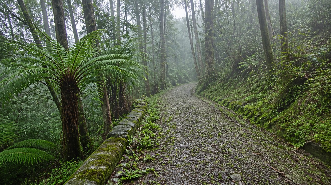 Chemin de gravier montant dans une forêt de fougères arborescentes noyée de brume, Serra de Sintra, Portugal