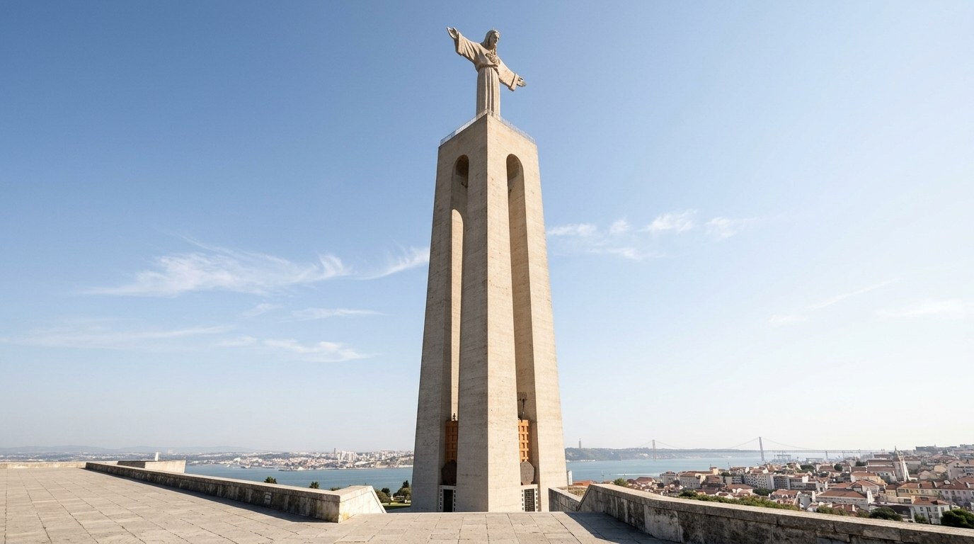 Le monument du Cristo Rei à Almada vu depuis son esplanade, portique de béton et statue aux bras ouverts