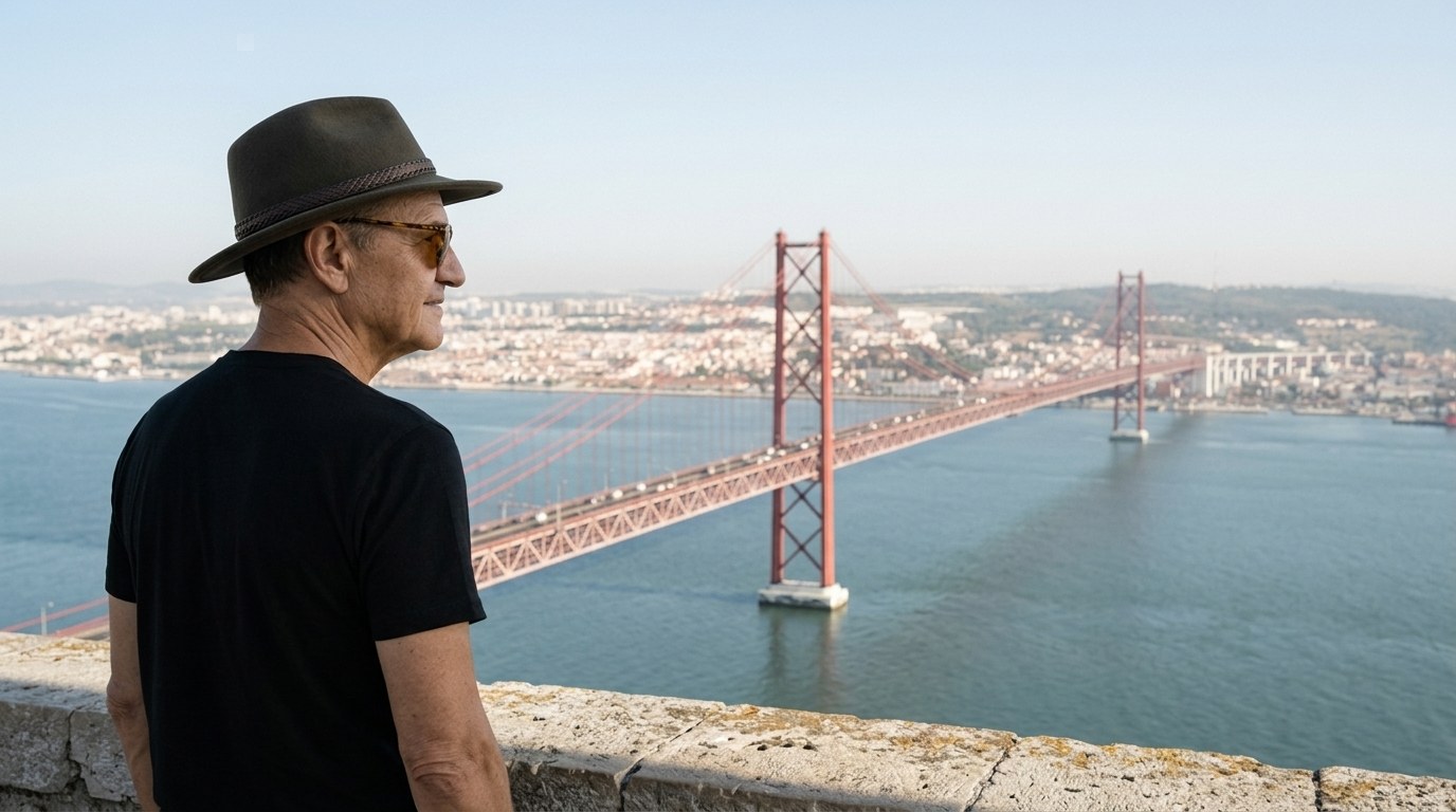 Lucas Lunes au belvédère du Cristo Rei à Almada, face au pont du 25 Avril et à Lisbonne, Portugal