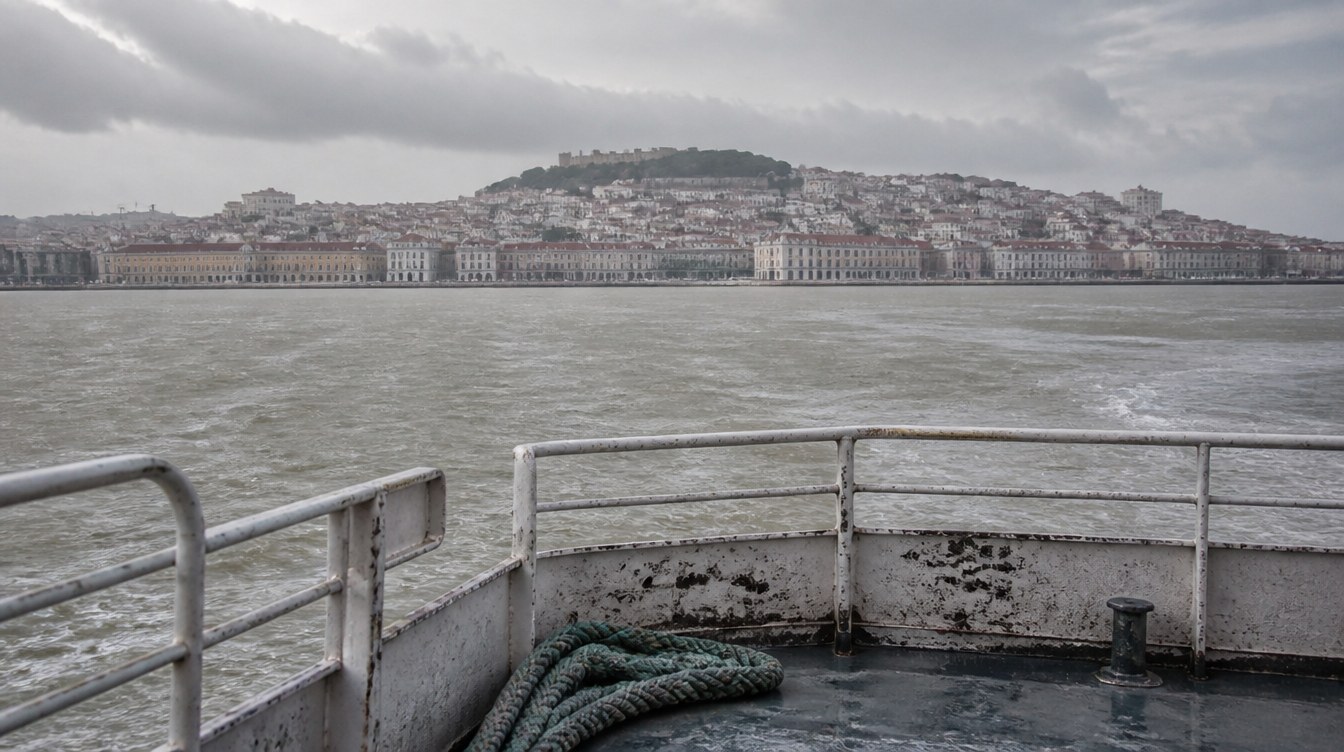 Pont arrière d'un ferry cacilheiro traversant le Tage, Lisbonne étalée sur ses collines au loin