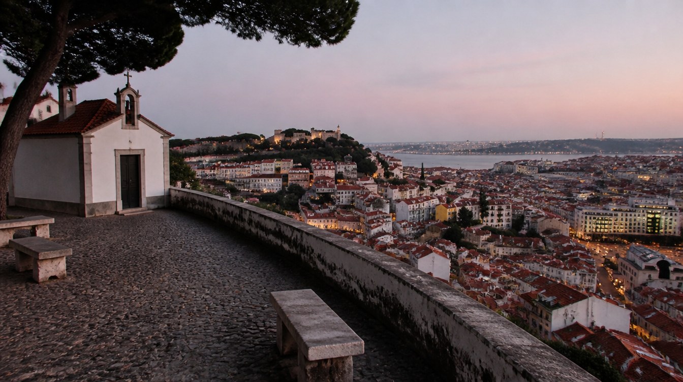Miradouro da Senhora do Monte au crépuscule, chapelle et vue sur le château et les toits de Lisbonne