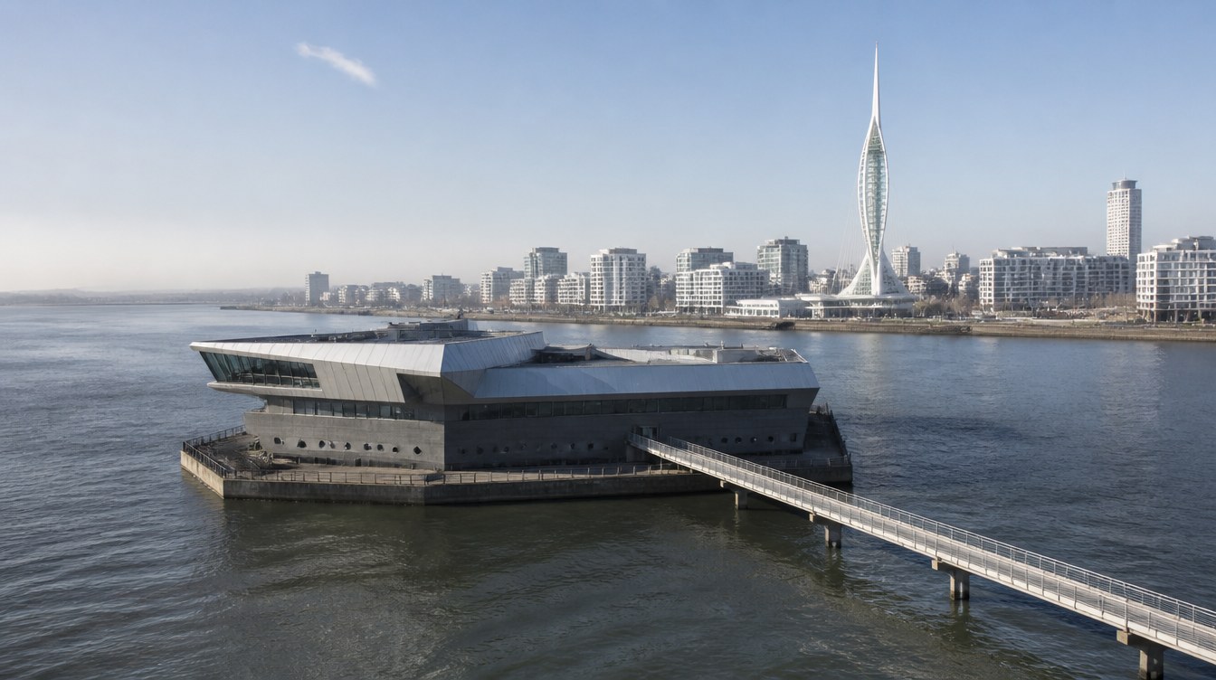 L'Oceanário de Lisboa posé sur son quai au milieu de l'estuaire du Tage, relié à la terre par une passerelle