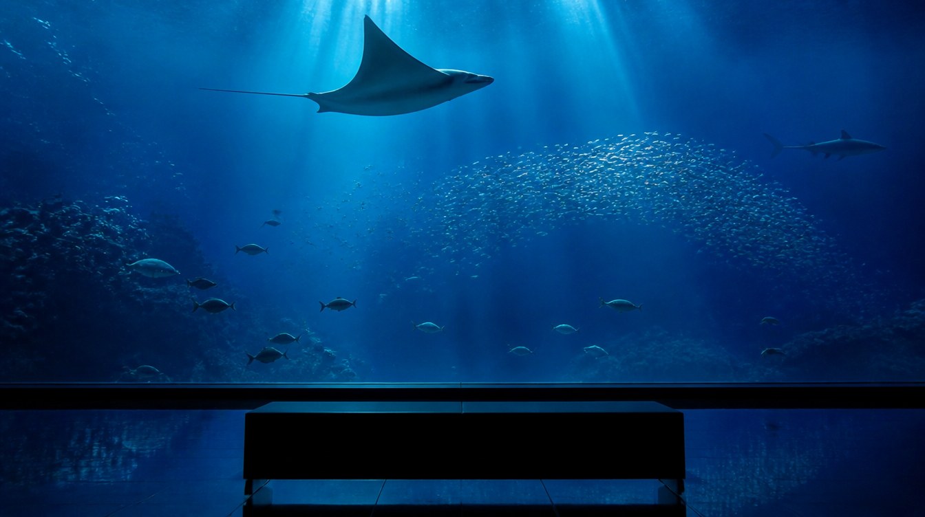 Raie et banc de poissons dans le bassin central de l'Oceanário de Lisboa, vus à travers la vitre