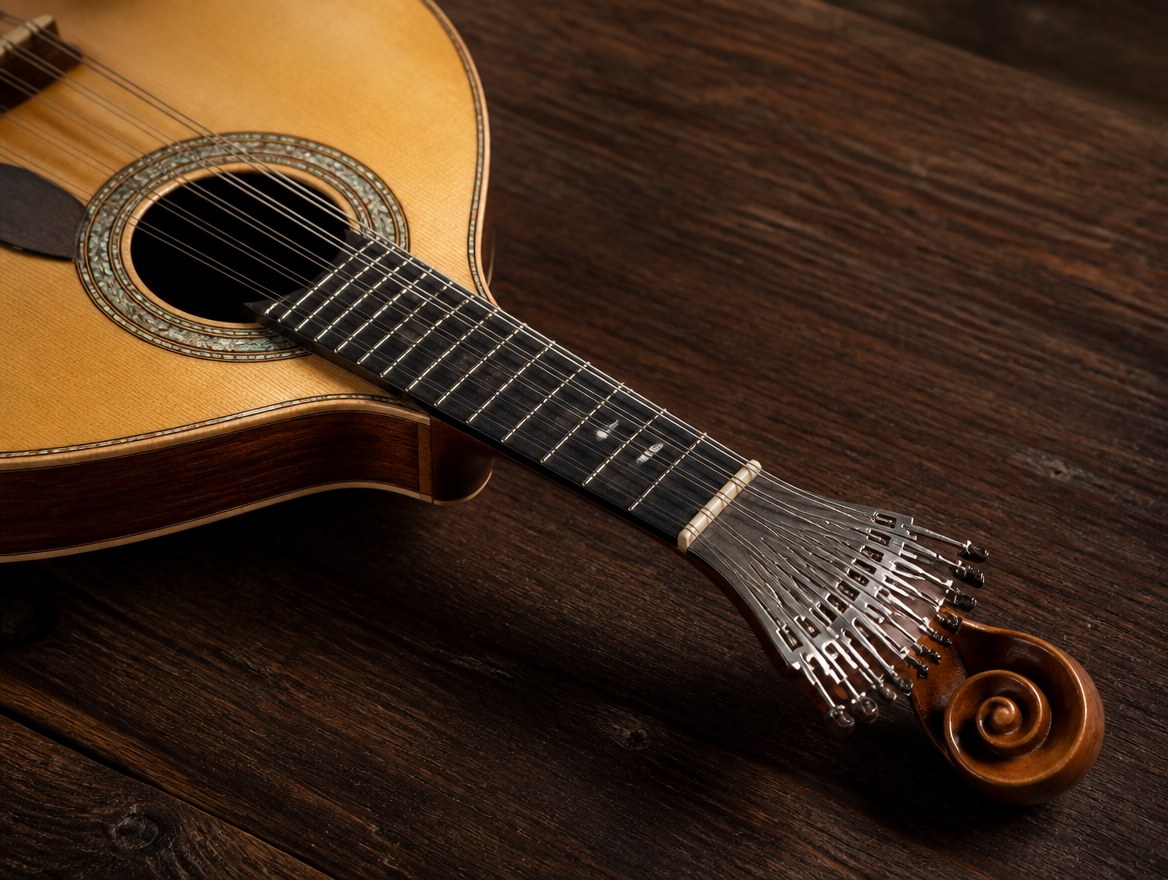 Guitare portugaise posée sur une table, mécanique en éventail, volute en escargot et douze cordes d'acier