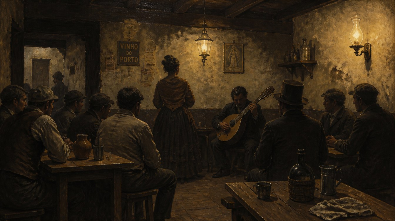 Reconstitution d'une taverne populaire de Lisbonne vers 1840, une chanteuse et un joueur de guitare portugaise