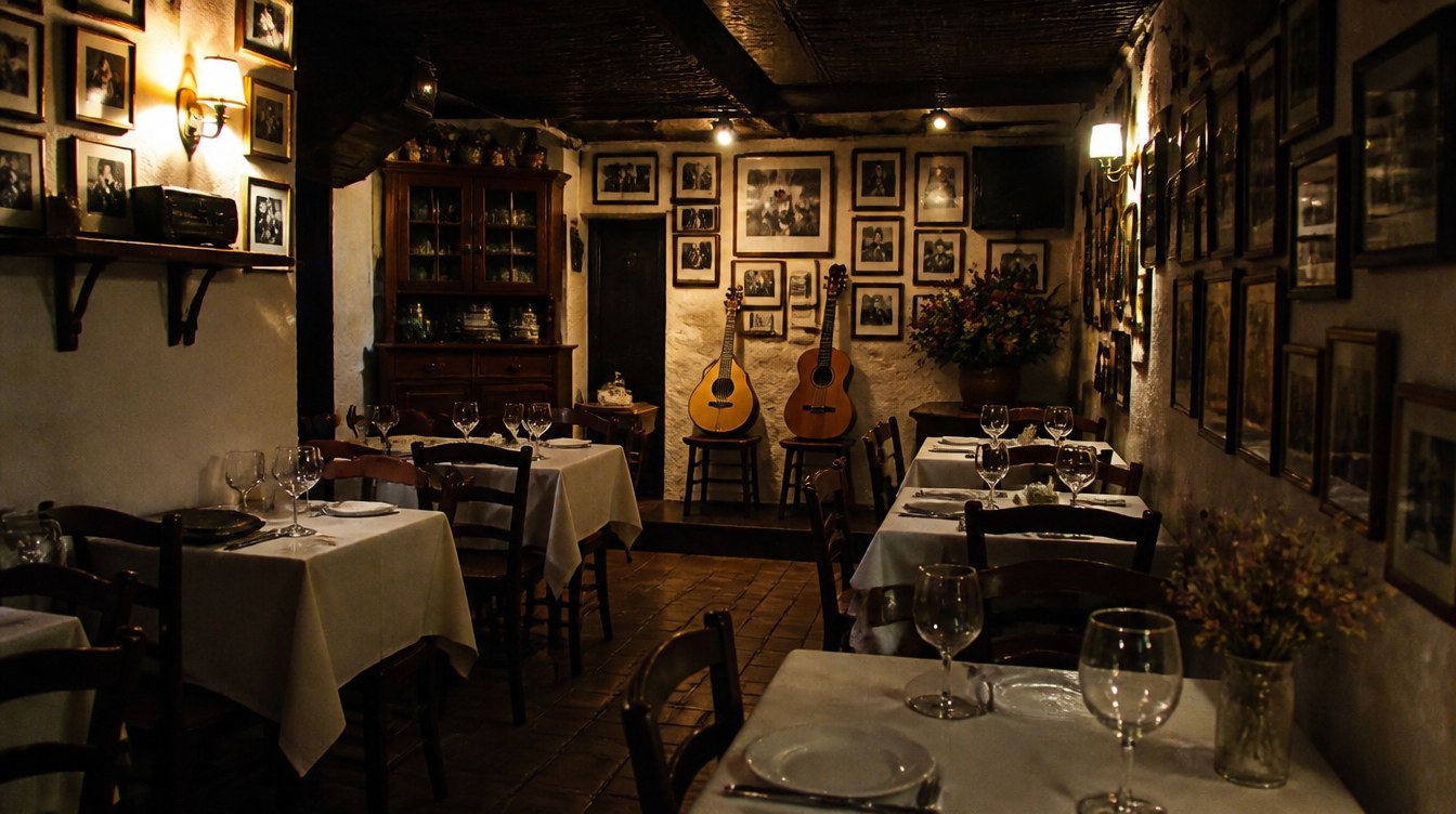 Salle d'une maison de fado d'Alfama avant le début de la soirée, murs couverts de photographies encadrées
