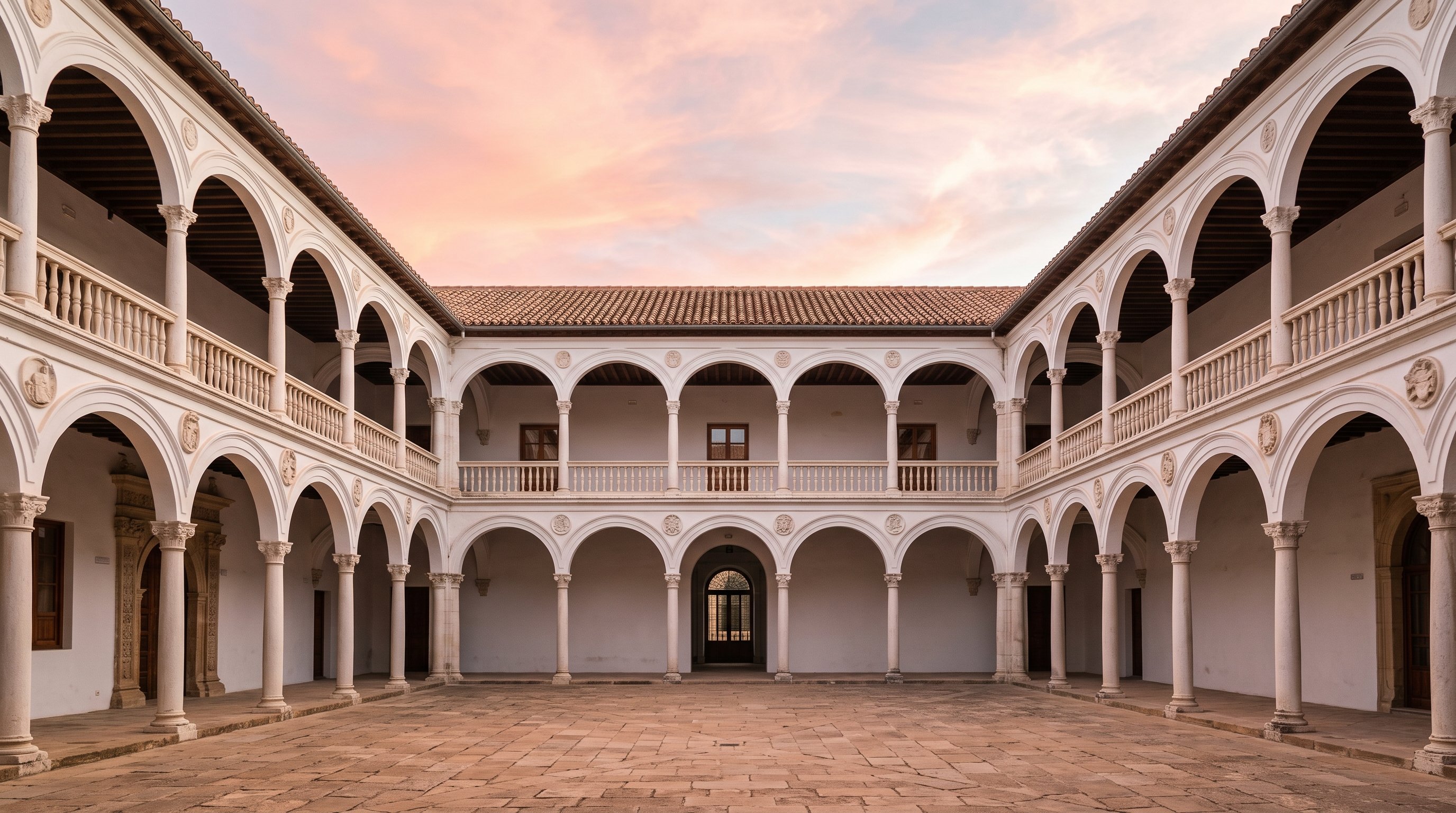 Cour intérieure de l'Hospital de Santiago à Úbeda, arcades blanches sur deux niveaux, patio Renaissance dépouillé, ciel rosé du soir