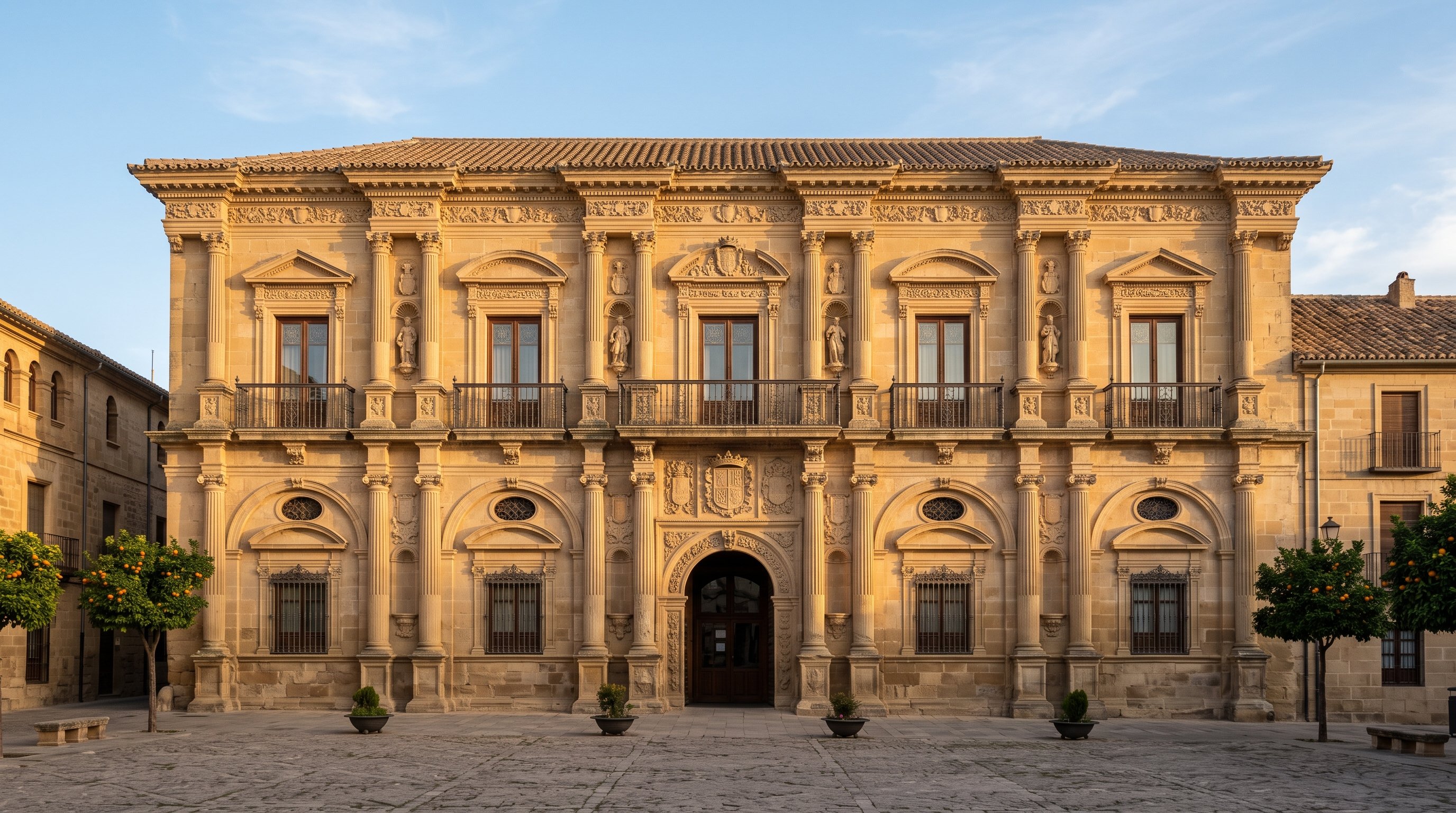 La façade Renaissance du Palacio Vázquez de Molina à Úbeda, pierre calcaire dorée, fenêtres symétriques et corniche classique, lumière chaude de fin d'après-midi