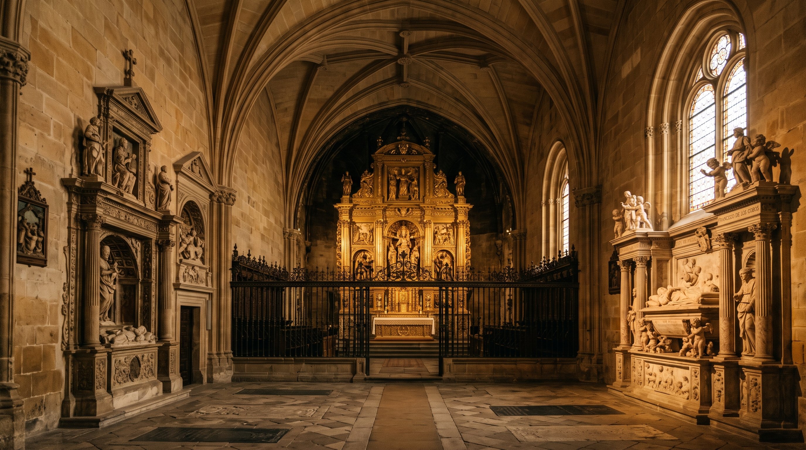 Intérieur de la Sacra Capilla del Salvador à Úbeda, sculptures Renaissance ciselées, retable doré et lumière tamisée filtrant sur la pierre