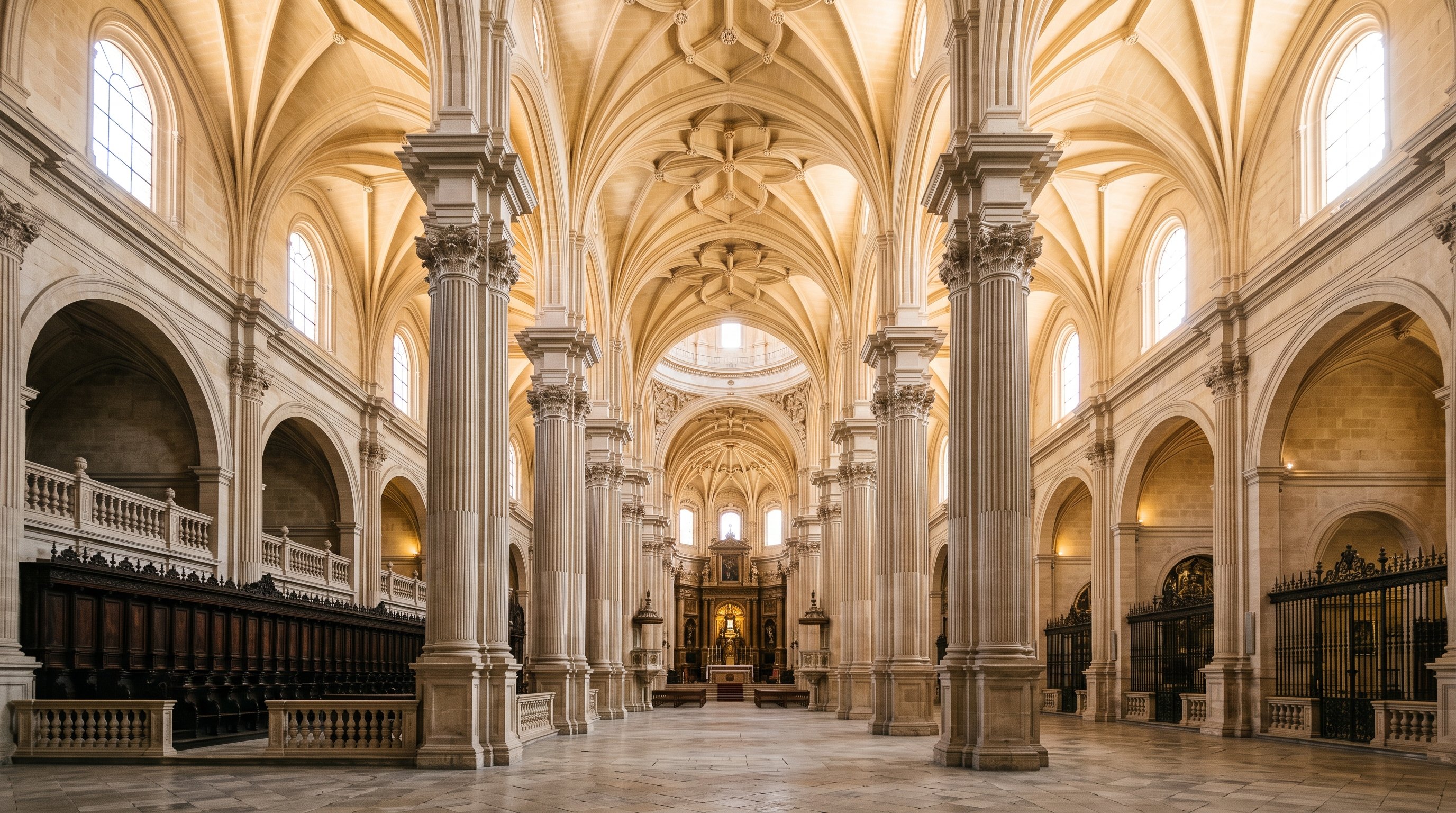 Grande cathédrale Renaissance aux nefs de même hauteur inspirée du modèle andalou, colonnes classiques et voûtes claires, atmosphère solennelle
