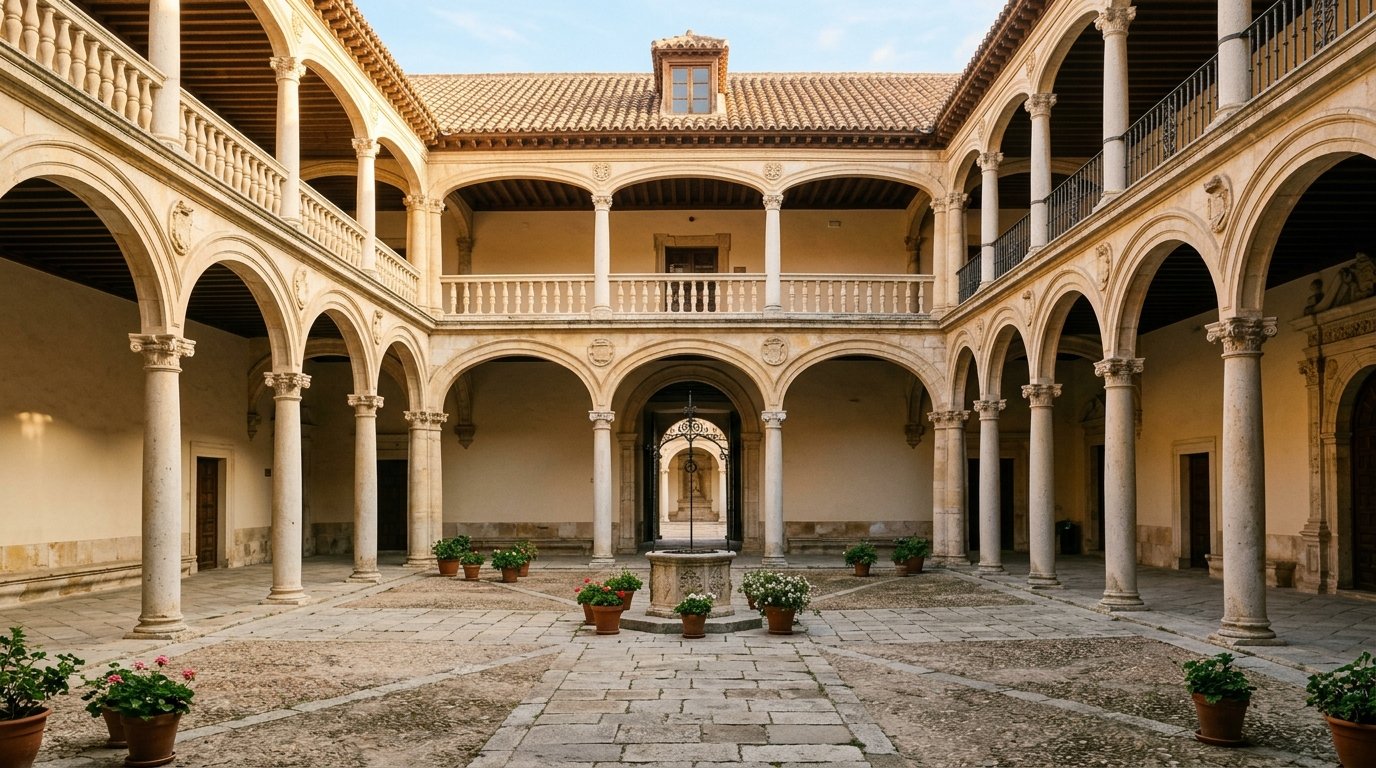 Le Patio Trilingüe de l'université de Alcalá de Henares, cour Renaissance aux colonnes de pierre claire, lumière douce du matin, arcades symétriques