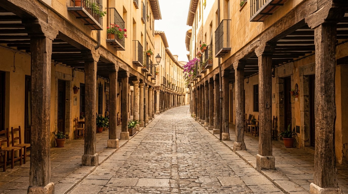 La Calle Mayor de Alcalá de Henares, longue rue à arcades de colonnes de bois et de pierre, ombre des galeries, façades anciennes couleur ocre