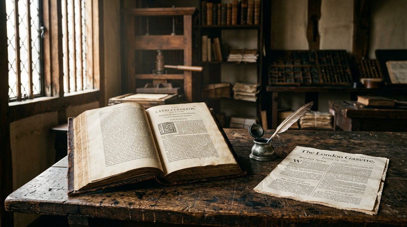 Un vieux livre relié en cuir ouvert sur une table de bois sombre près d'une fenêtre, plume et encrier, lumière chaude d'atelier d'imprimeur du XVIIe siècle