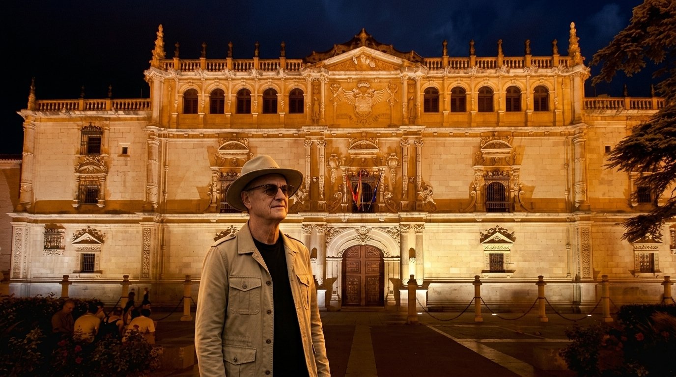 Lucas Lunes devant la façade plateresque du Colegio Mayor de San Ildefonso, université d'Alcalá de Henares, Communauté de Madrid, Espagne