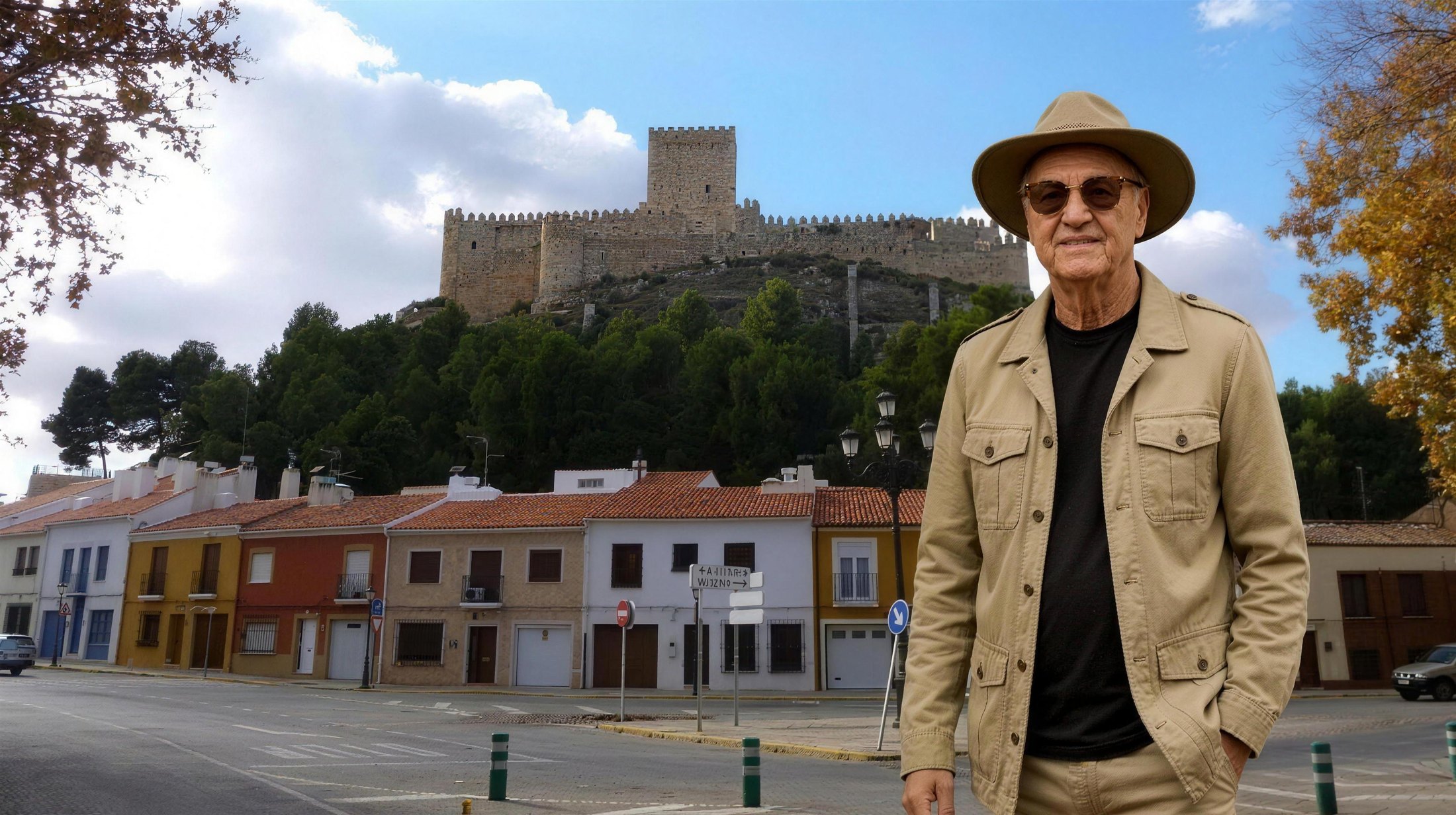 Lucas Lunes devant le Castillo de Almansa, Castille-La Manche, Espagne