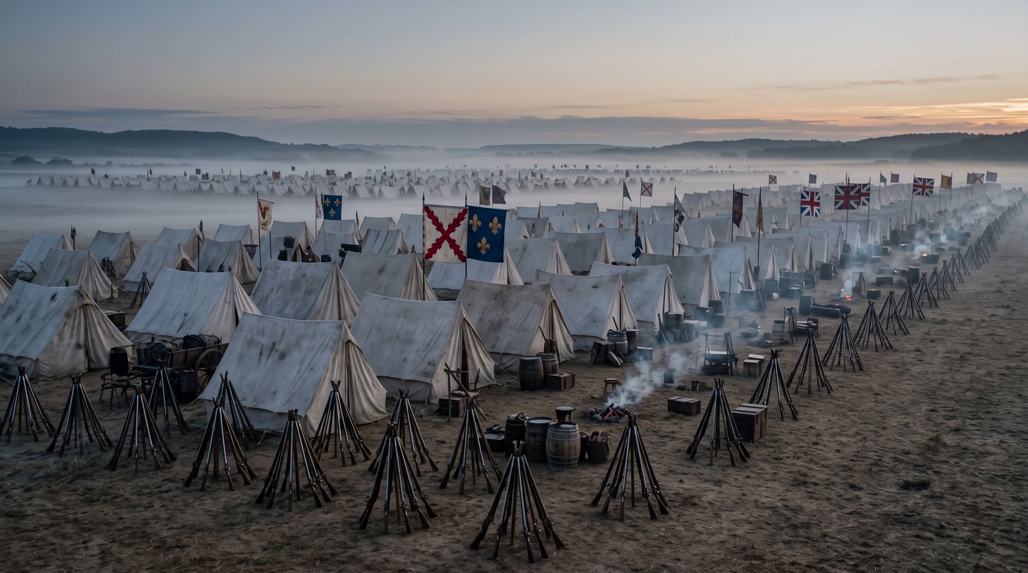 Campement militaire du début du XVIIIe siècle au petit matin, tentes, étendards et faisceaux de mousquets alignés, atmosphère de veille de bataille, sans personnage au premier plan