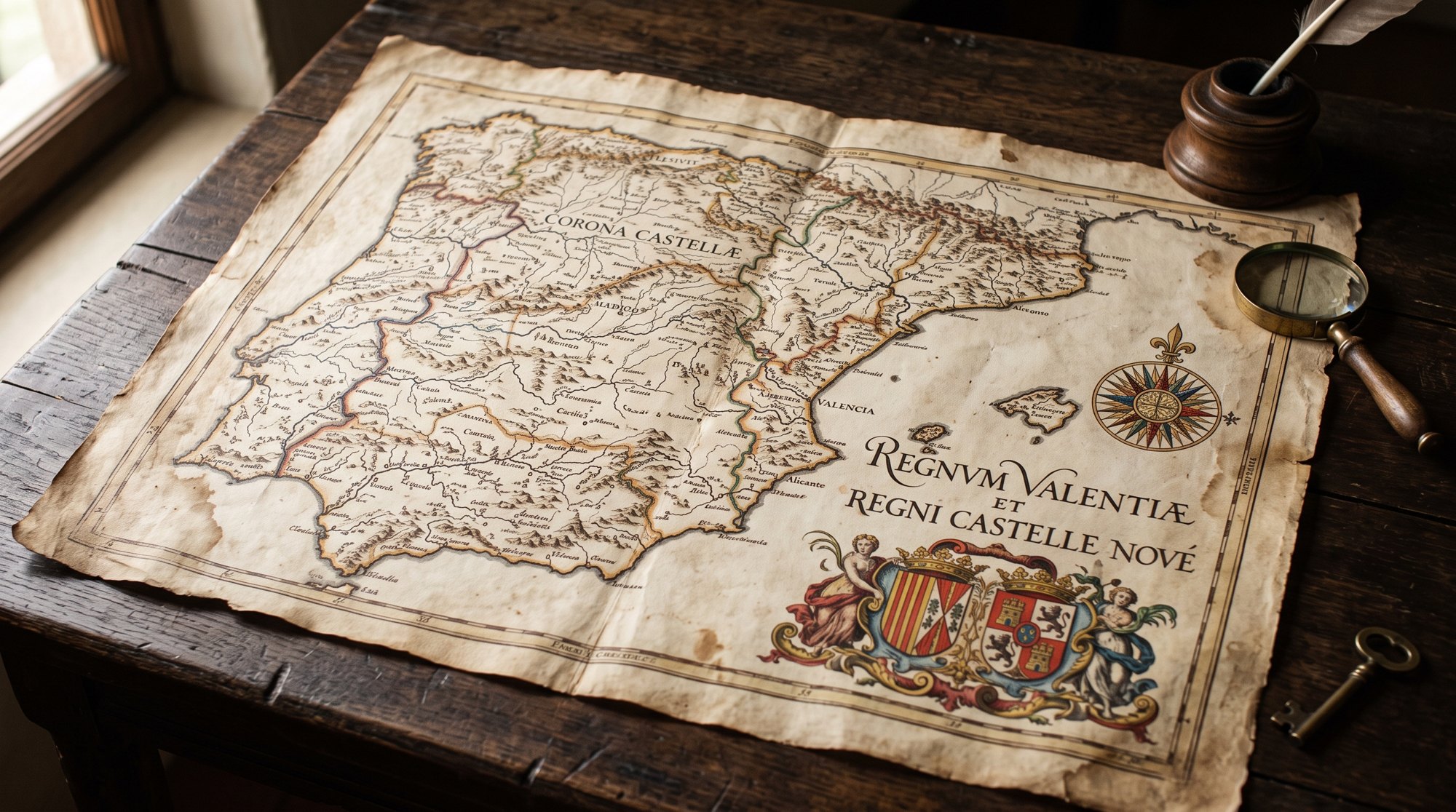 Ancienne carte manuscrite du royaume de Valence et de la Castille au début du XVIIIe siècle, parchemin, encre brune, tracé des frontières et blasons