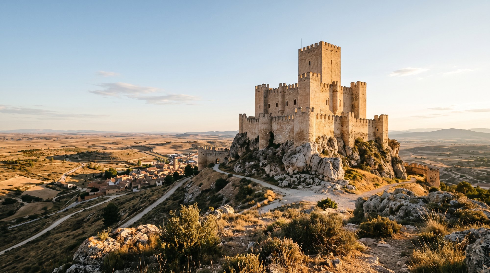 Le château d'Almansa, forteresse gothique dressée sur son éperon de roche nue au-dessus de la plaine aride de Castille-La Manche, lumière dorée de fin d'après-midi