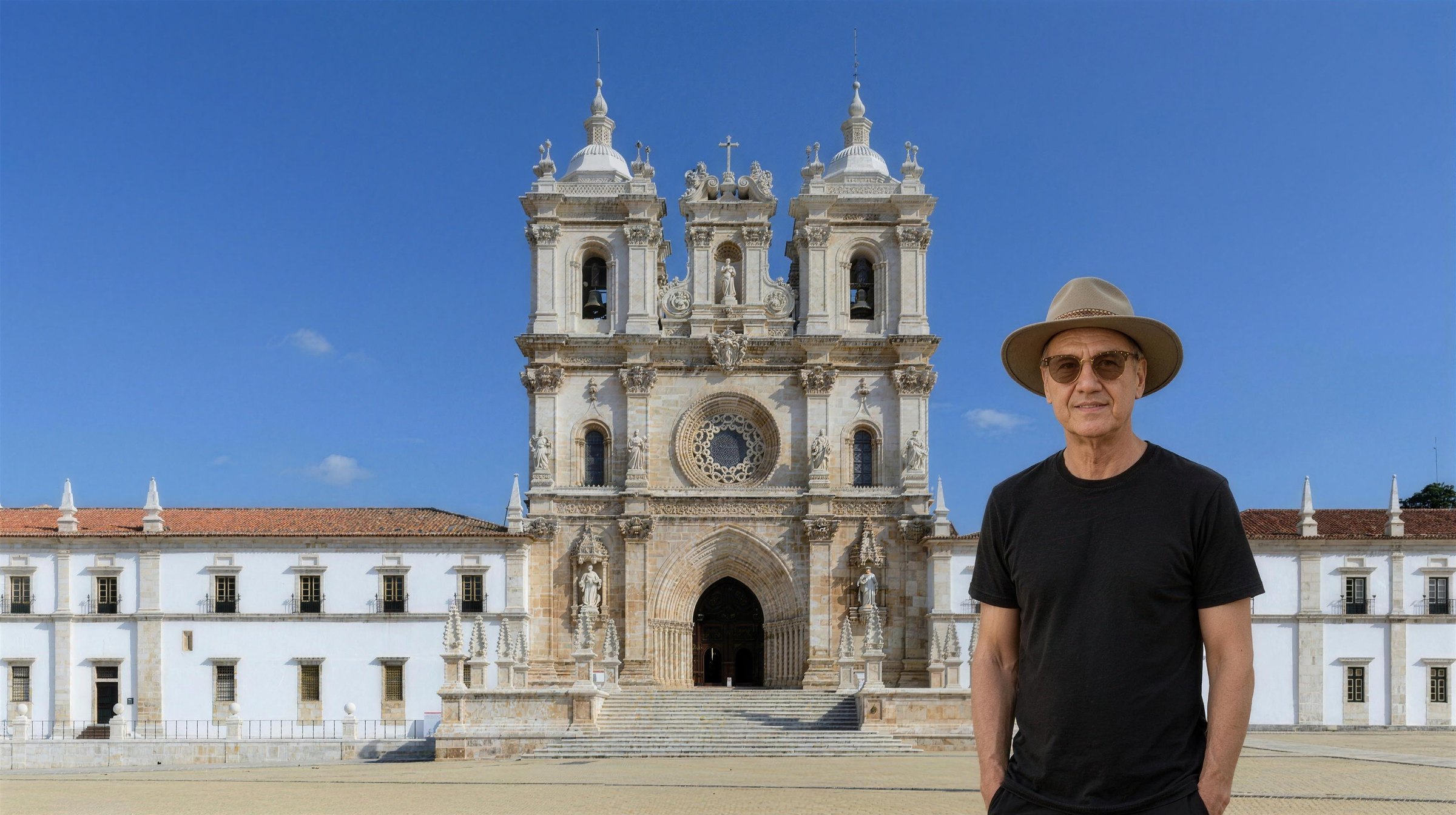 Lucas Lunes devant la façade baroque du monastère d'Alcobaça (Mosteiro de Alcobaça), Portugal
