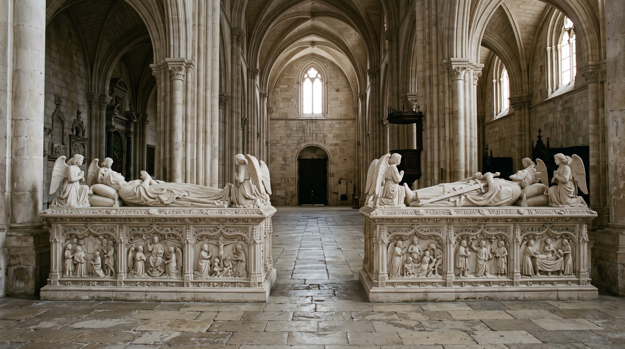 Les deux tombeaux gothiques en calcaire blanc de Pedro Ier et Inês de Castro dans le transept du monastère d'Alcobaça, gisants sculptés, anges veillant, disposés face à face, lumière douce