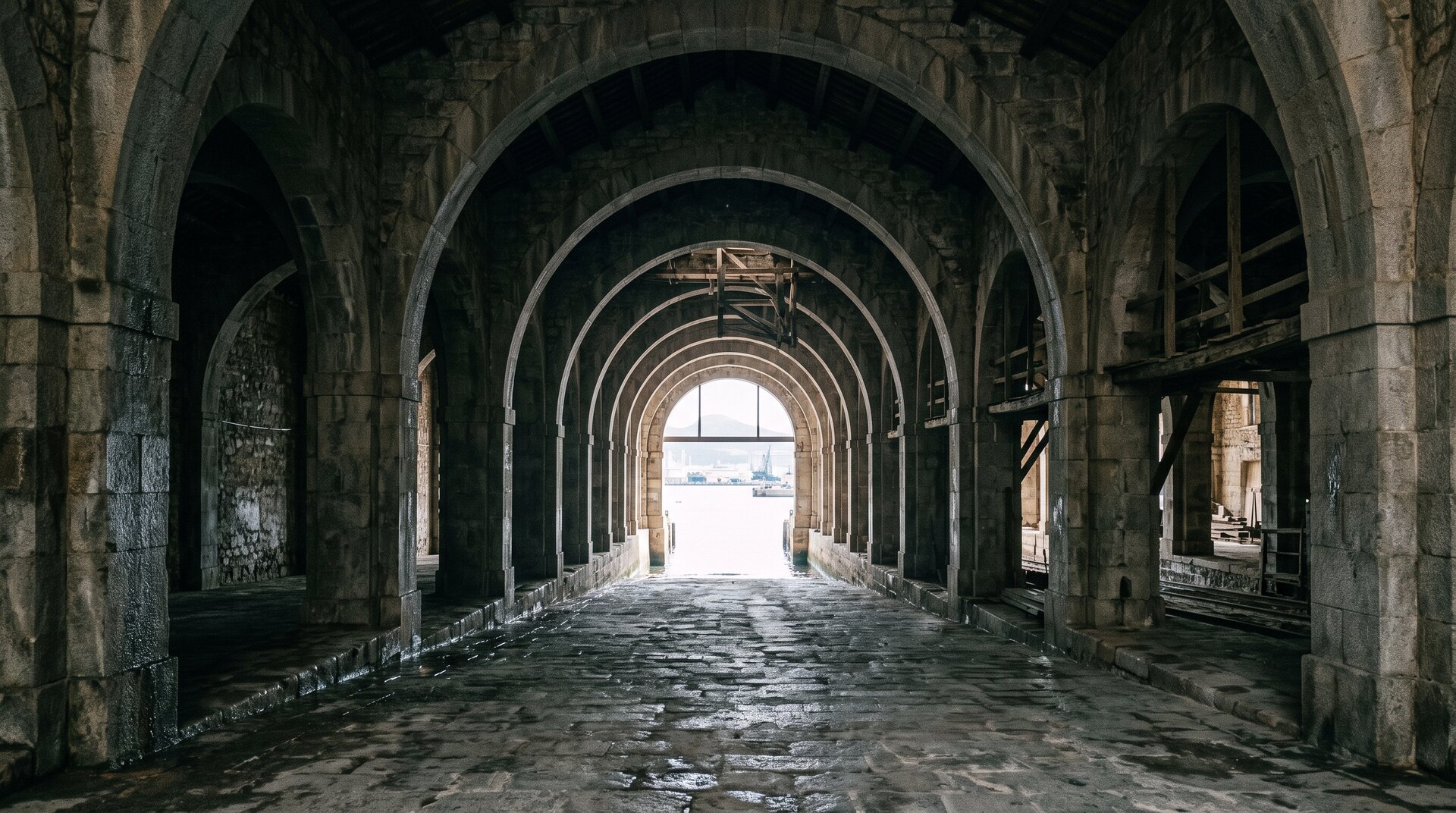 Les grandes cales de construction voûtées en granit de l'Arsenal de Cartagena au XVIIIe siècle, intérieur en pénombre fraîche, arches de pierre, lumière rasante entrant par une ouverture, atmosphère de cathédrale navale