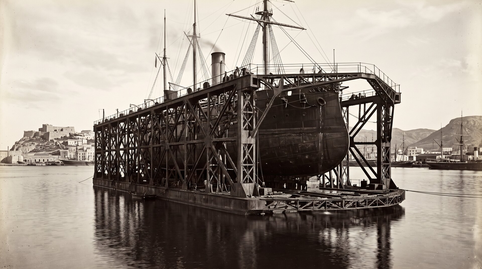 Un immense dock flottant en fer du XIXe siècle dans le port de Cartagena, structure métallique rivetée soulevant un cuirassé hors de l'eau, reflets sur l'eau calme de la rade, ciel méditerranéen clair, ambiance industrielle et solennelle